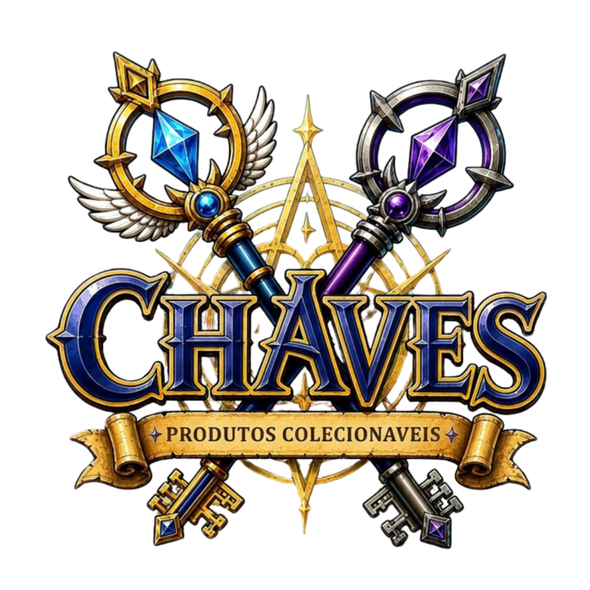 Logo Chaves Produtos Colecionáveis com duas chaves, asas e cristais